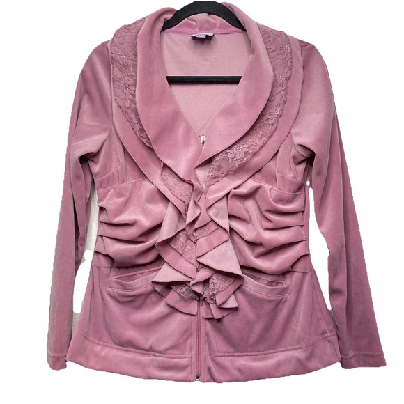 Y2K Pink‎ Ruffle Lace Velour Zip Up Size Small Coquette Dollcore Softgirl - Picture 4 of 12